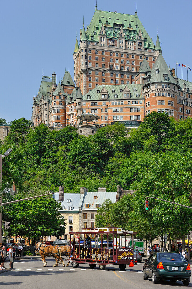 Petit Champlain district with Chateau Frontenac background,Quebec city,Province of Quebec,Canada,North America