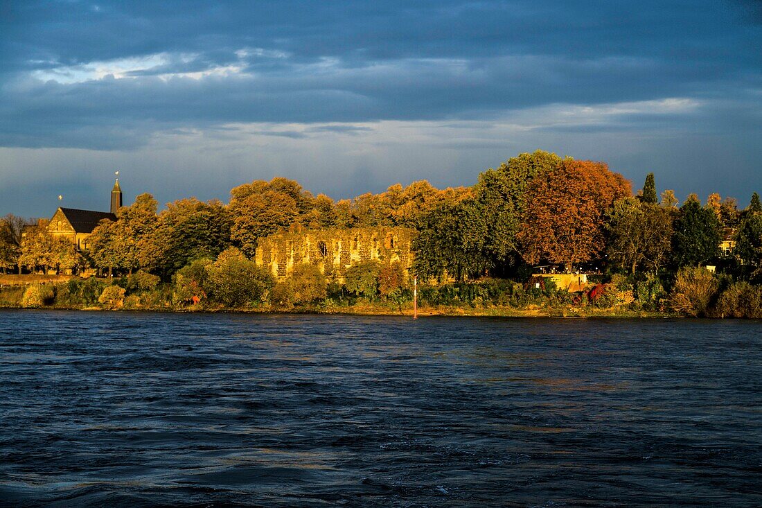 Blick über den Rhein auf Suitbertus-Basilika, Kaiserpfalz und Restaurant Burghof, Düsseldorf-Kaiserswerth, NRW; Nordrhein-Westfalen, Deutschland