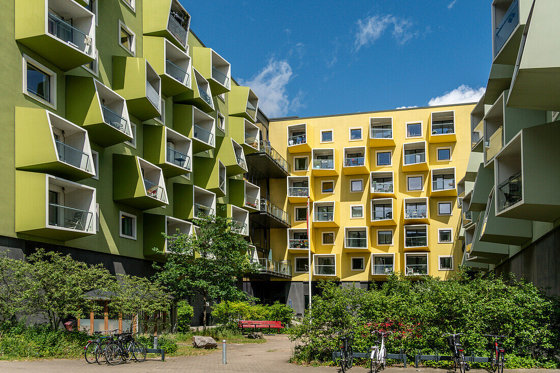  Modern Danish architecture in Orestad, sloping balconies, senior housing, Plejecenter, Amager Vest, Copenhagen 