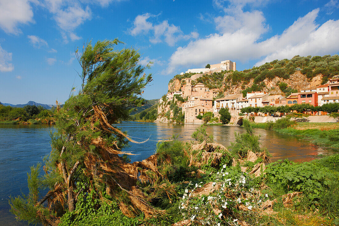 Scenic view of Miravet village and castle from the Ebro river. Catalonia, Spain.