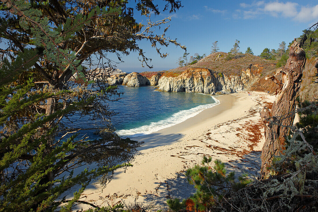 Aerial view of Gibson Beach at Point Lobos State Reserve, California, USA.