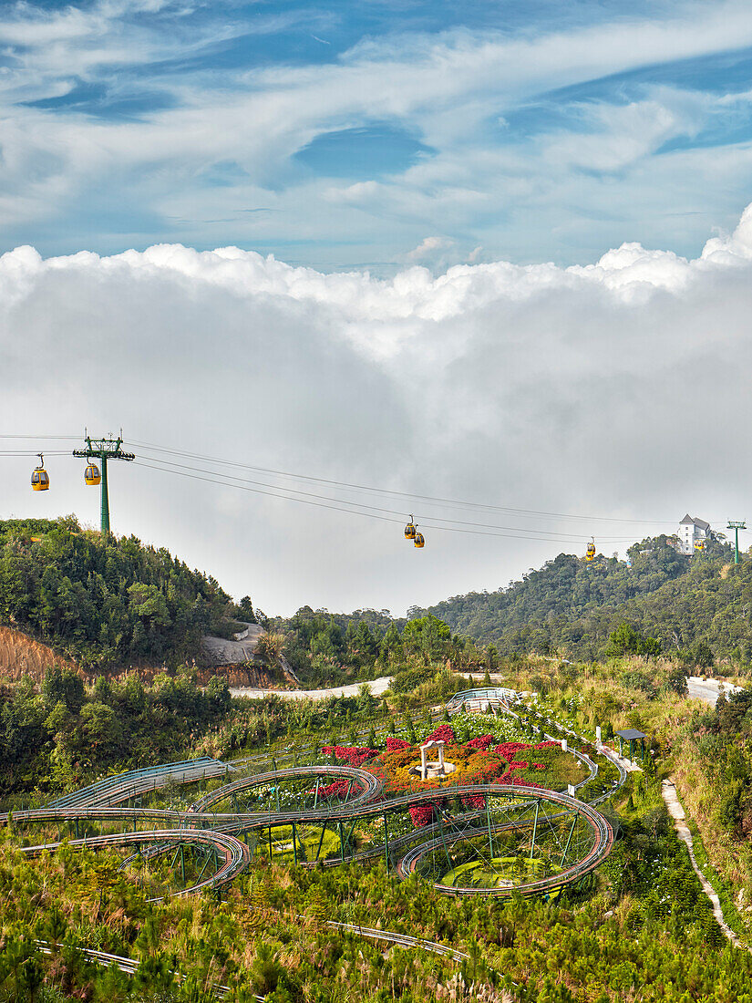 Elevated view of the Fantasy Amusement Park. Ba Na Hills Mountain Resort, Da Nang, Vietnam.