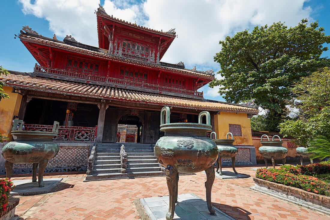 Nine Dynastic Urns at the Hien Lam Pavilion (Pavilion of the Glorious Coming). Imperial City (The Citadel), Hue, Vietnam.