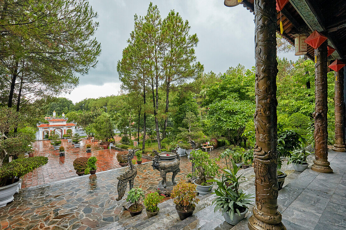 Territory of the Huyen Tran Cultural Center with lush greenery. Hue, Vietnam.