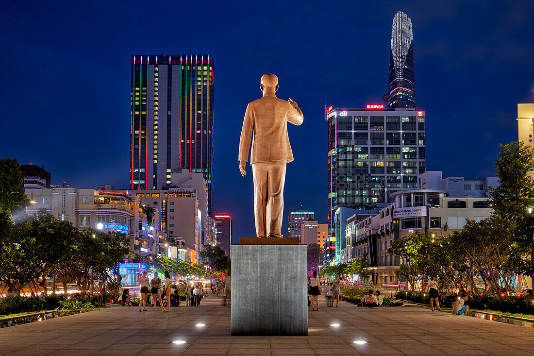 Ho Chi Minh Square illuminated at dusk. District 1, Ho Chi Minh City, Vietnam.