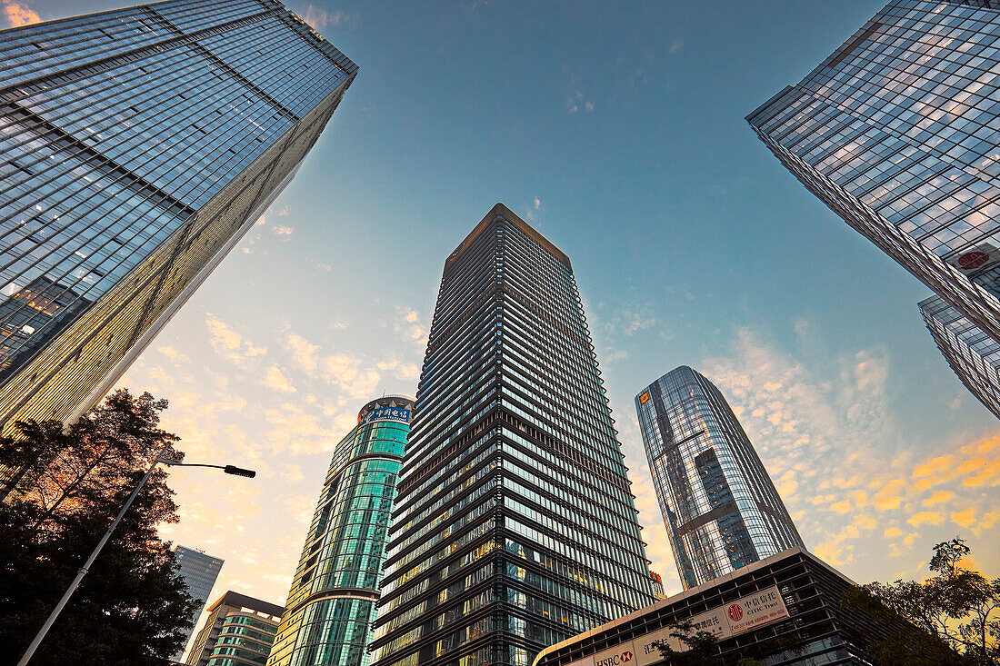 A view from below of the skyscrapers in Futian Central Business District. Shenzhen, Guangdong Province, China.