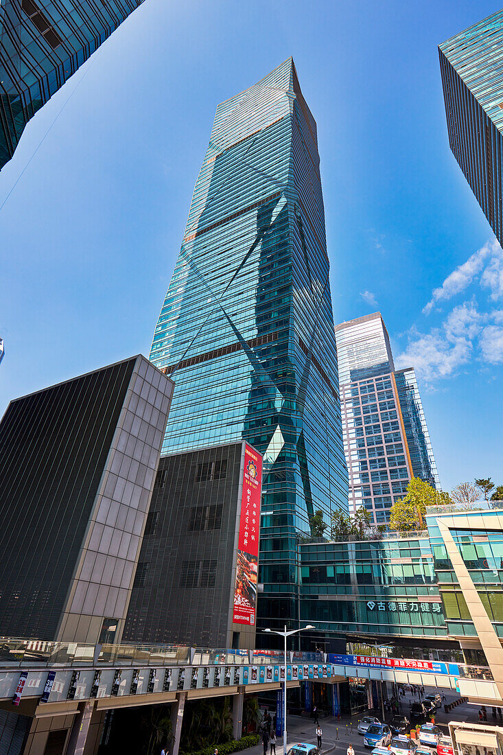 Exterior view of modern high-rise buildings in Futian Central Business District (CBD). Shenzhen, Guangdong Province, China.