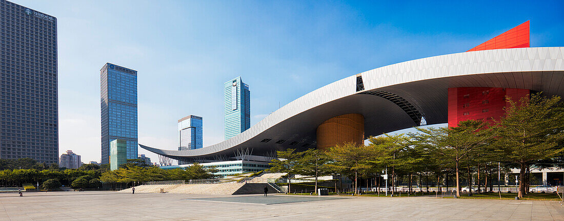 Panoramic view of the Shenzhen Civic Center. Shenzhen, Guangdong Province, China.