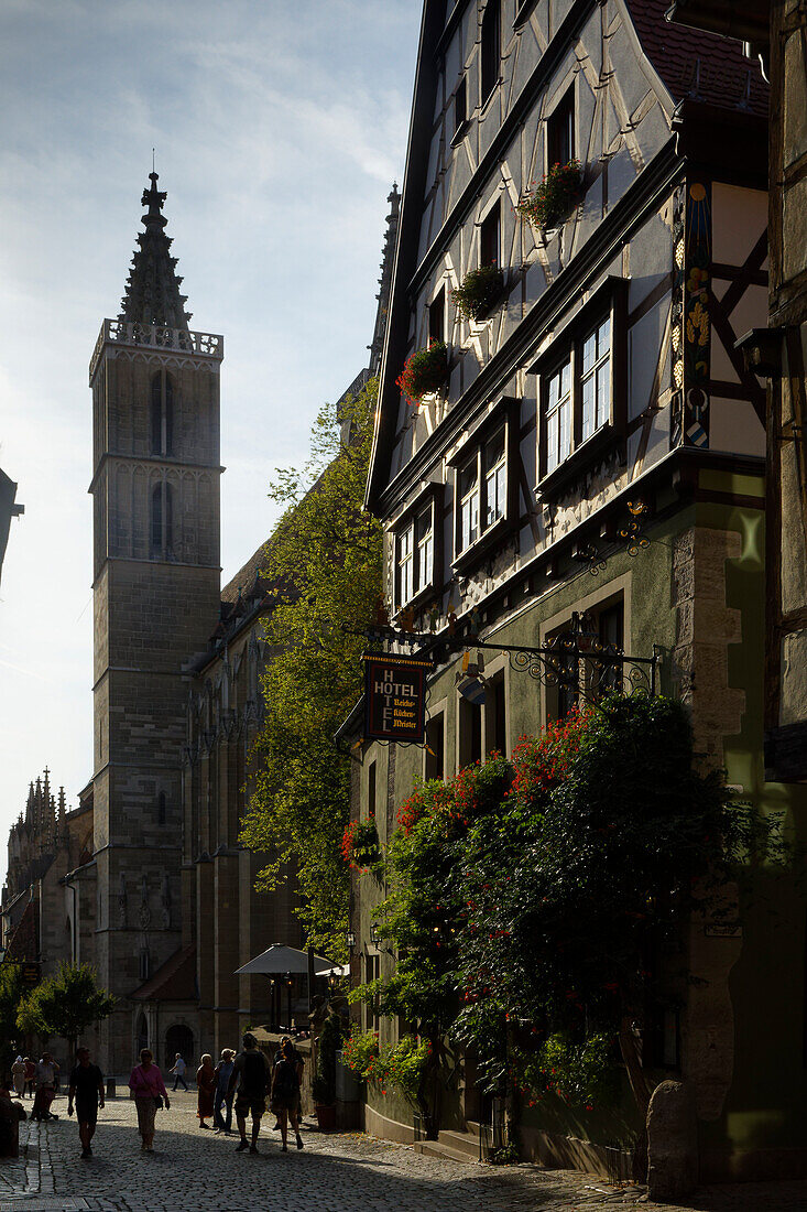 Medieval Street, View to St. Jacob's Church, Rothenburg ob der Tauber, Franconia, Bavaria, Germany