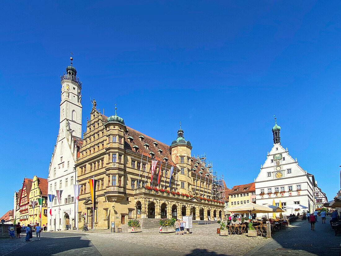 City Hall with medieval Tower, Baroque Facade, Market Square, Rothenburg ob der Tauber, Franconia, Bavaria, Germany