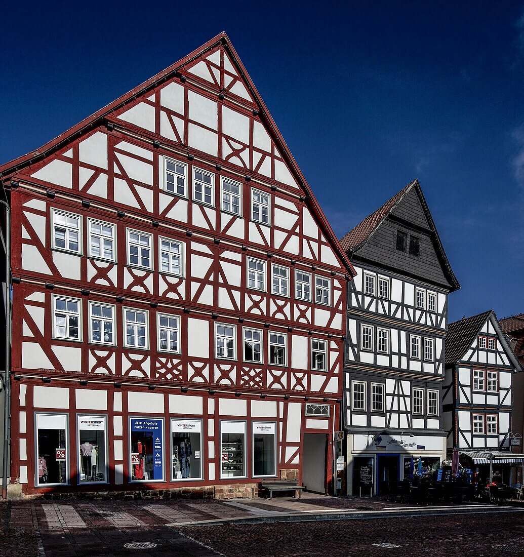 Fachwerkhäuser am Markt in Bad Wildungen, Hessen, Deutschland