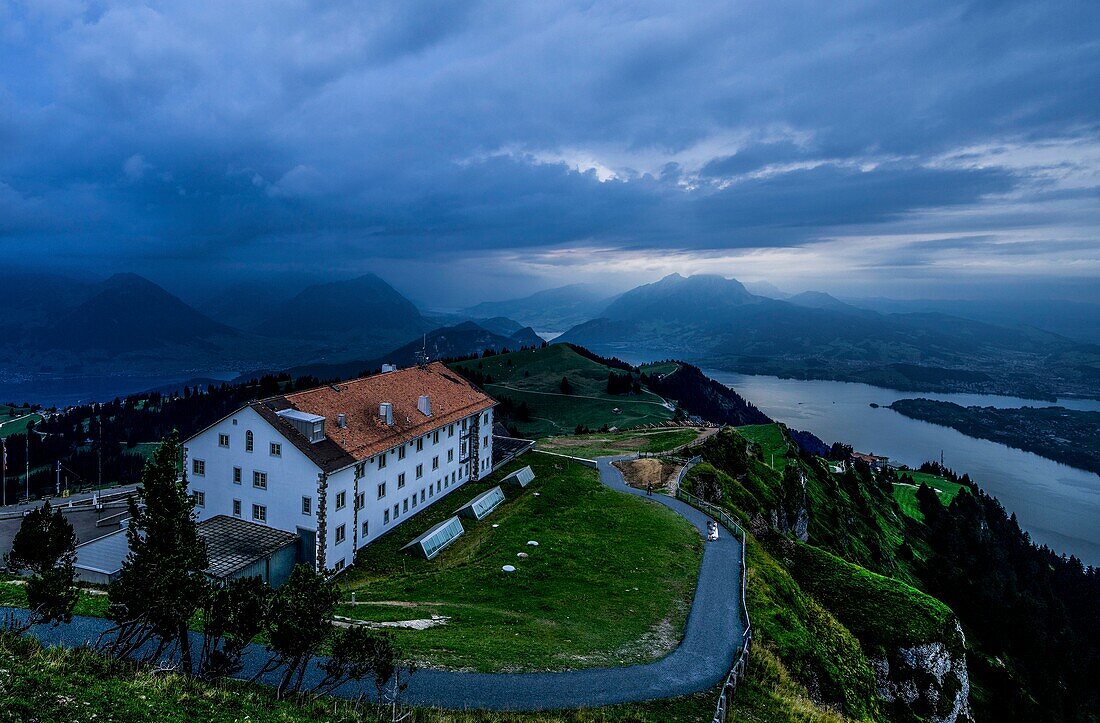  Evening mood on the Rigi with Rigi Kulm Hotel, view of Lake Lucerne and the Alps, Canton of Lucerne, Switzerland 