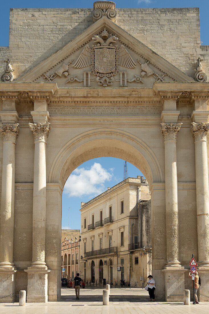 Closeup of Porta Napoli in Lecce, Puglia, Italy.