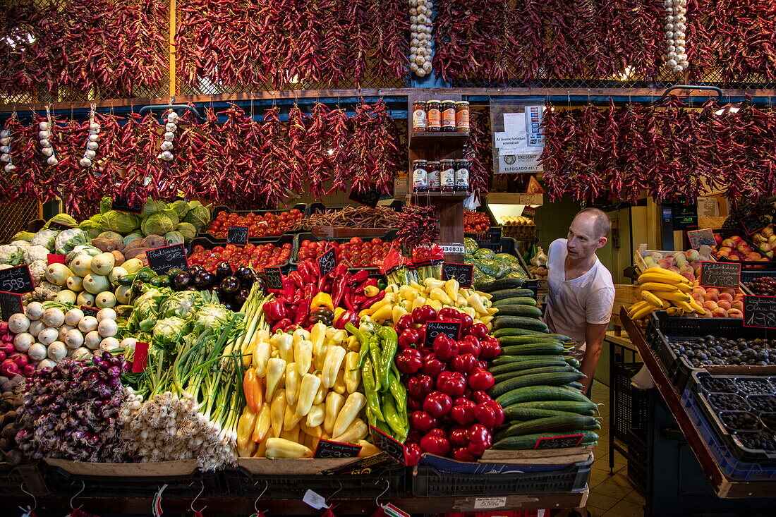  Vegetable stand in the Central Market Hall, Pest, Budapest, Hungary, Europe 