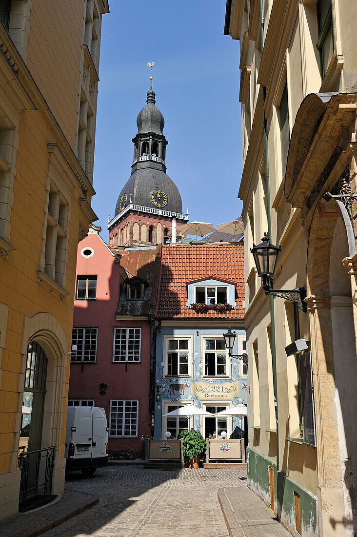 1221 restaurant in Jauniela street with the Dome Cathedral tower bell background,Riga,Latvia,Baltic region,Northern Europe