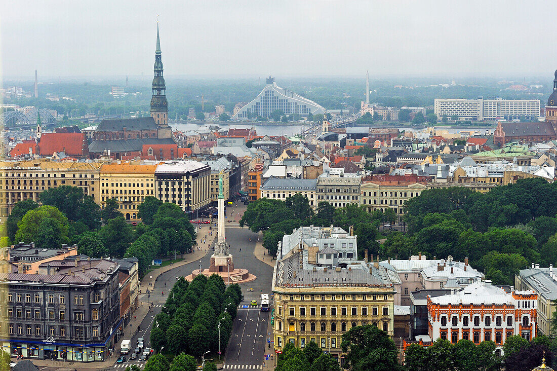 aerial view over the Brividas Avenue toward the Old Town, from Radisson Blu hotel,Riga,Latvia,Baltic region,Northern Europe