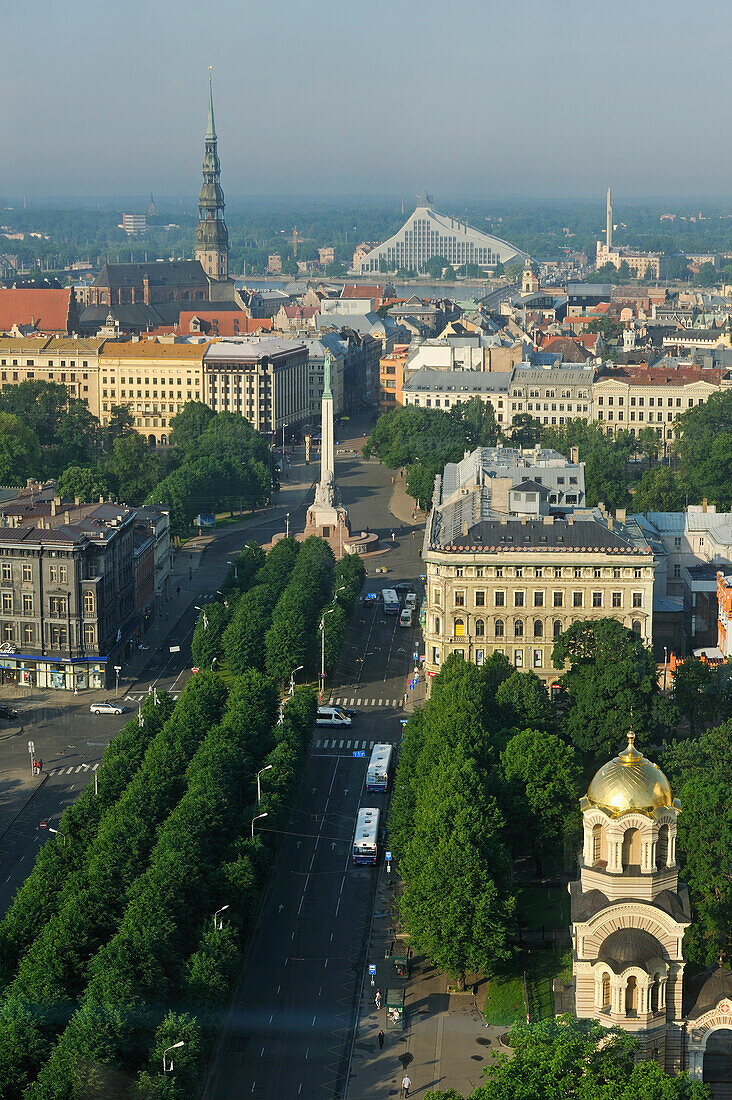 aerial view over the Brividas Avenue toward the Old Town, from Radisson Blu hotel,Riga,Latvia,Baltic region,Northern Europe