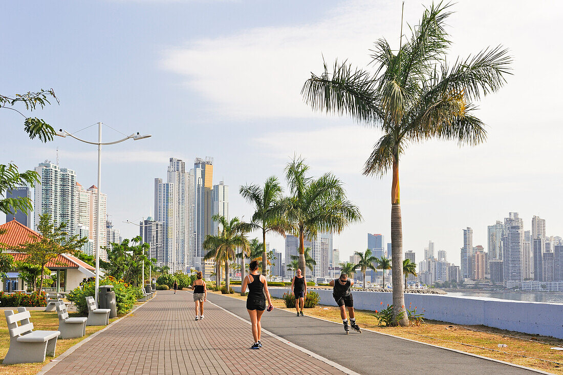 The Cinta Costera or Malecon, a new road and promenade built on reclaimed land from the bay of Panama,Panama City,Republic of Panama,Central America