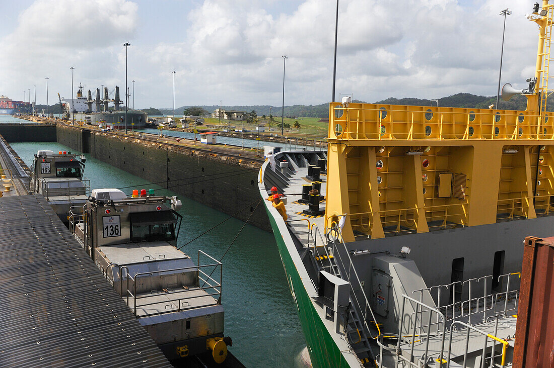 container-ship crossing the Panama Canal Gatun locks,Republic of Panama,Central America