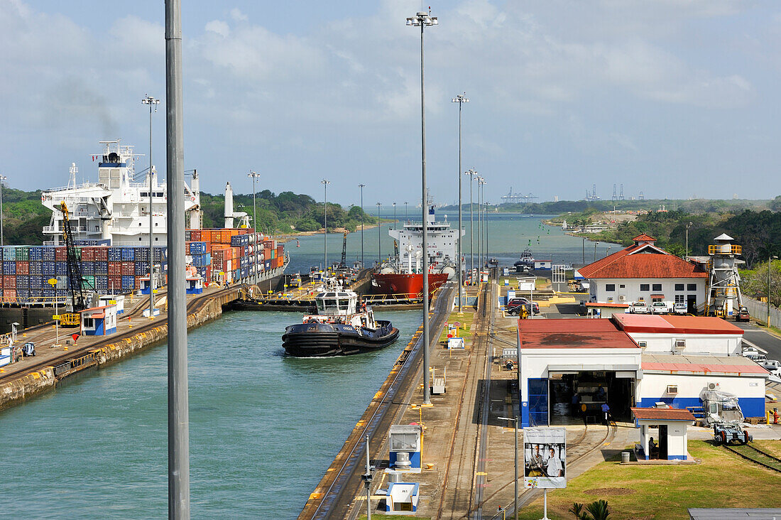 tug boat crossing the Panama Canal Gatun locks,Republic of Panama,Central America