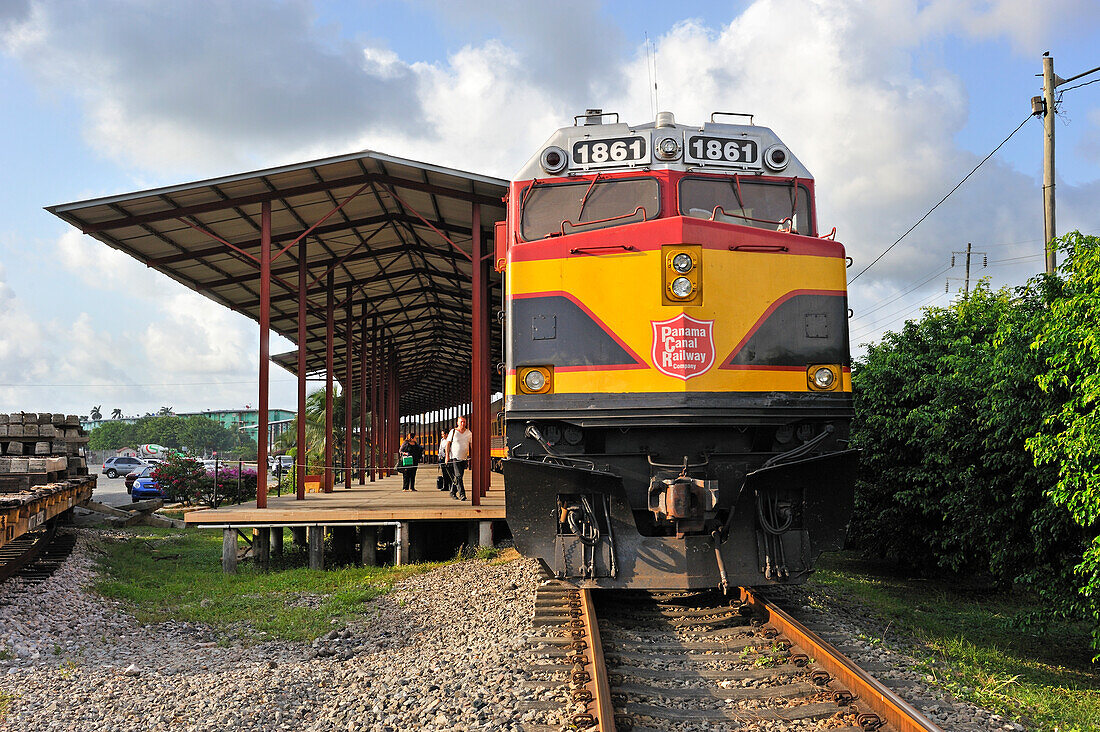 passenger train parked at Colon station,Panama Canal Railway that links the Atlantic Ocean, Colon, to the Pacific Ocean, Panama City,Republic of Panama,Central America