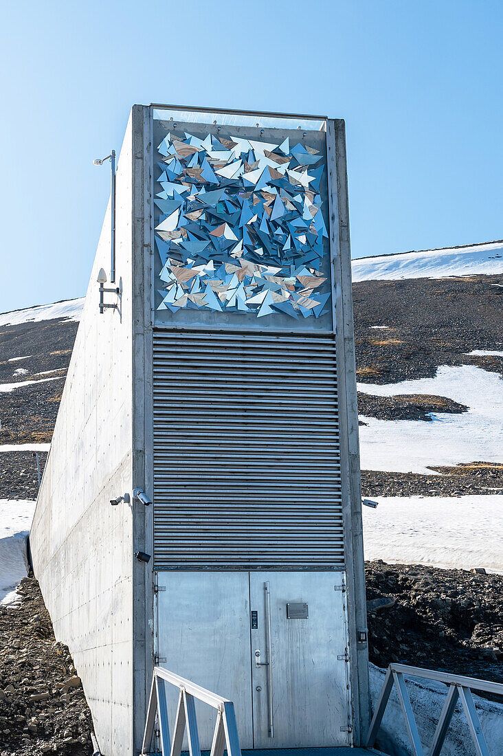  View of the entrance building of the Svalbard Global Seed Vault in Lonyerabyen on Spitsbergen, Svalbard, Norway, Arctic 