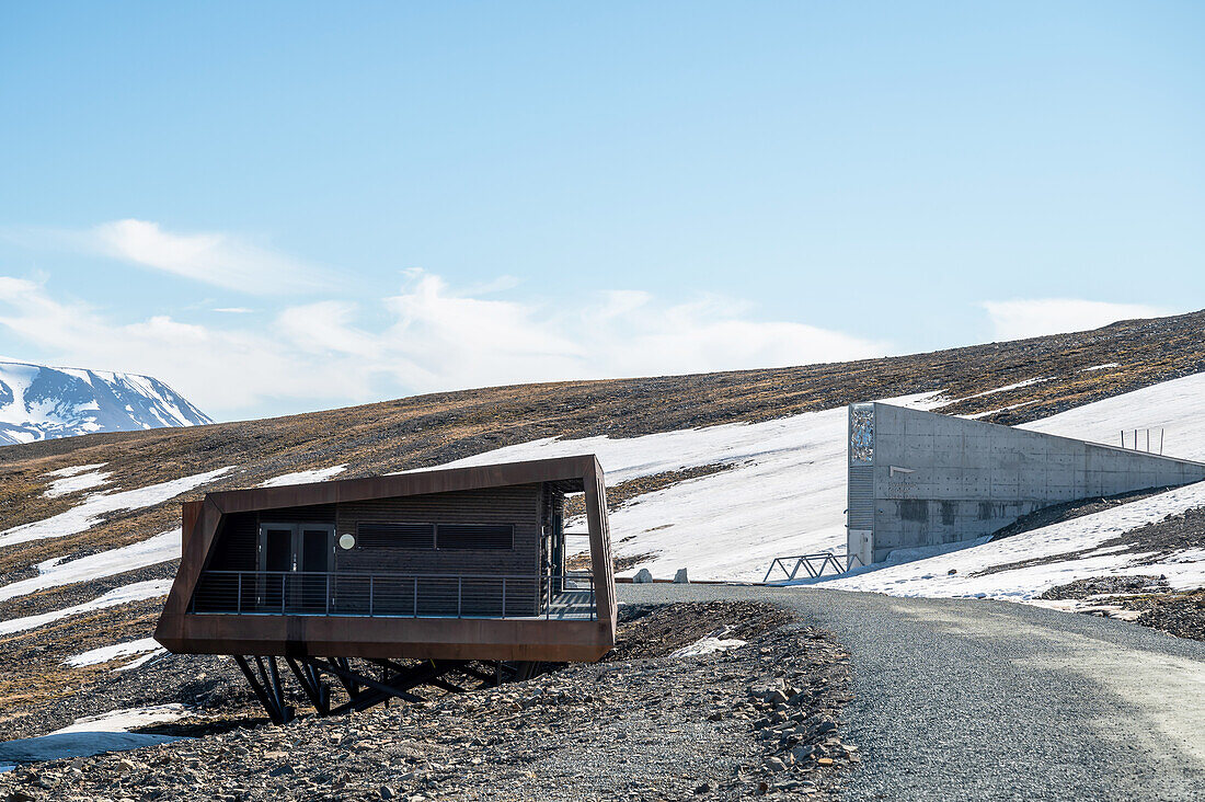  View of the entrance building of the Svalbard Global Seed Vault in Lonyerabyen on Spitsbergen, Svalbard, Norway, Arctic 