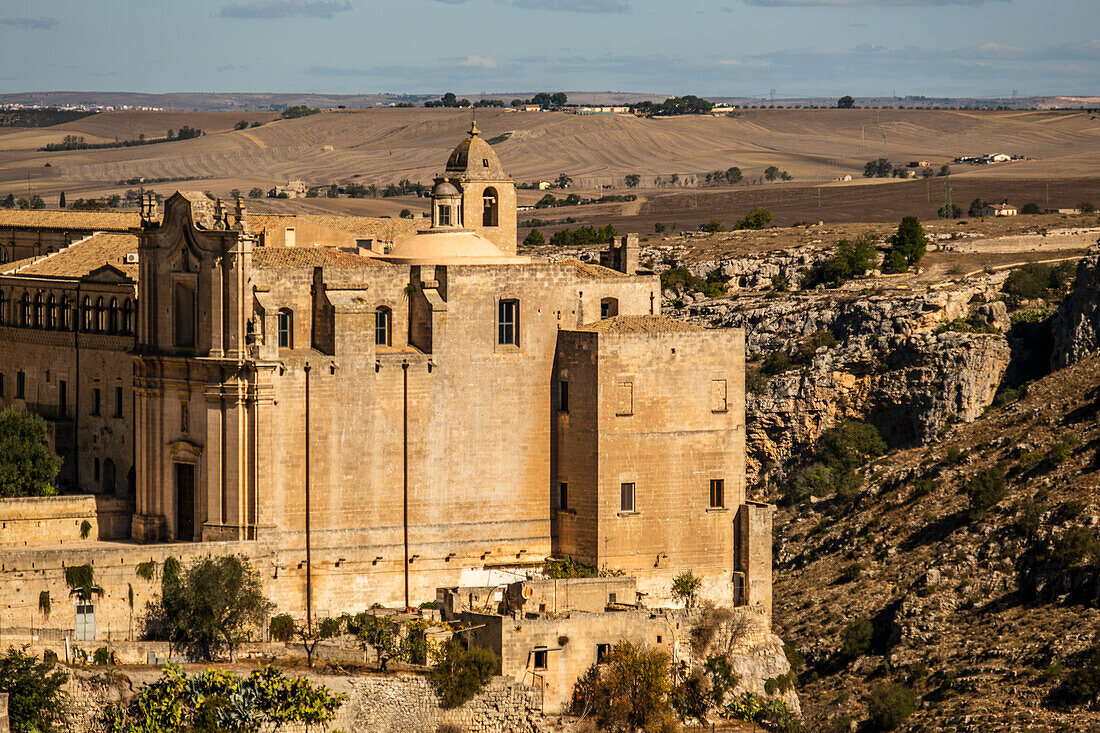 View on Church of Sant’Agostino in the Sassi di Matera, the historic center of Matera, Basilicata, Italy.