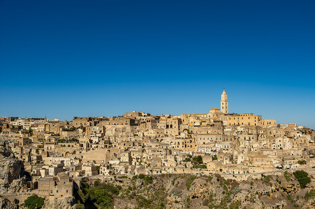 The Sassi di Matera seen from the Murgia Materana park (Parco della Murgia Materana), Matera, Basilicata, Italy.