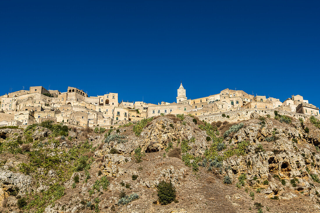 The Sassi di Matera seen from the Murgia Materana park (Parco della Murgia Materana), Matera, Basilicata, Italy.