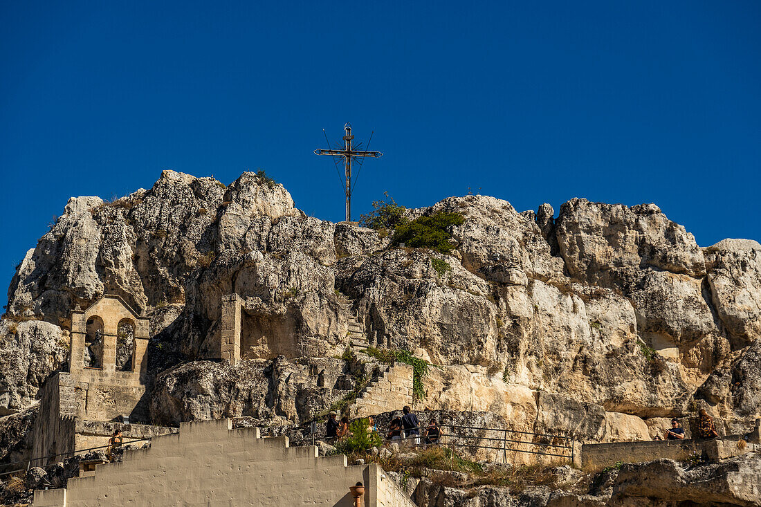 The rock church of Santa Maria de Idris is located atop a limestone cliff named Monterrone, inside the Sasso Caveoso, one of the two famous "Sassi" of Matera, Basilicata, Italy.