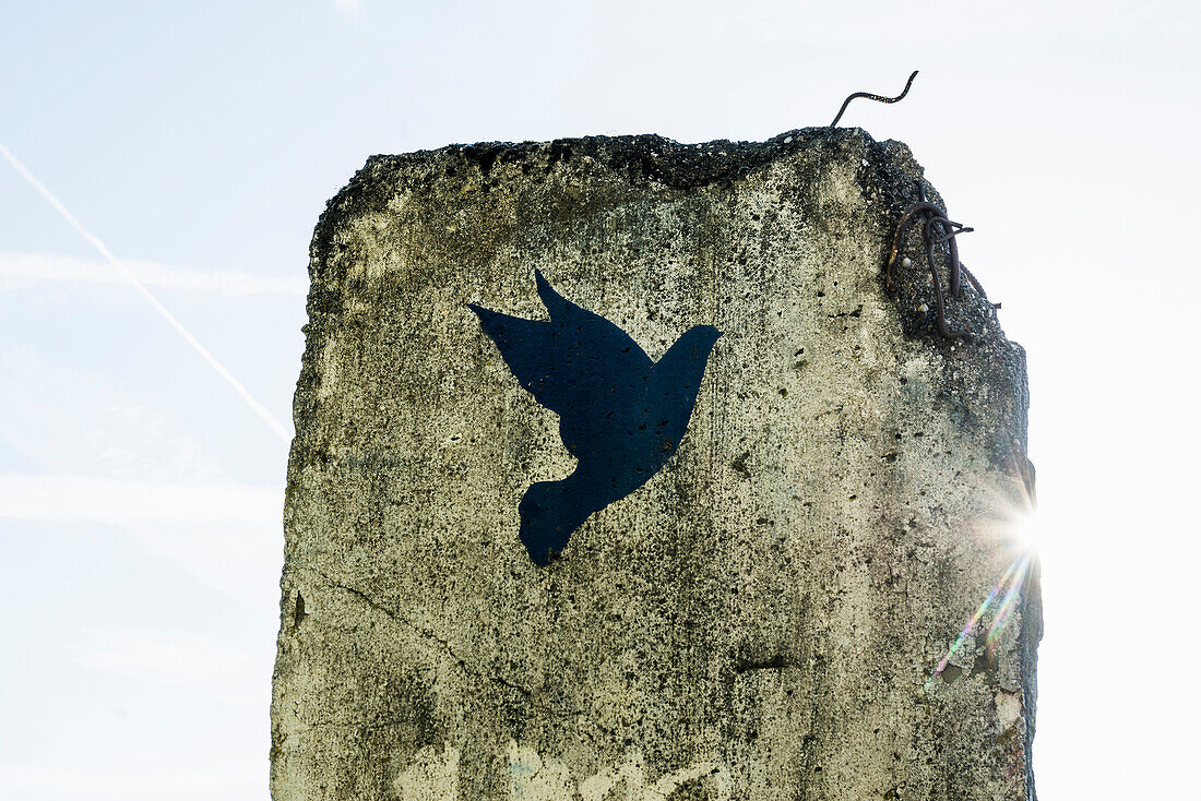  Monument, part of the Berlin Wall with dove of peace, Schengen, Canton Remich, Luxembourg 