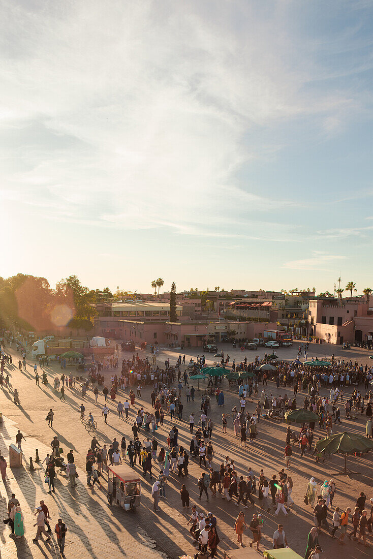  Jeema el-Fnaa in Marrakech in the old historic Medina in Morocco at sunset. 