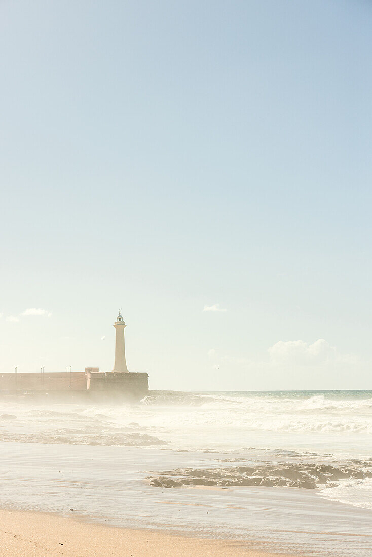  Surfer beach of Rabat at high tide at midday with high waves in Rabat, Morocco. 