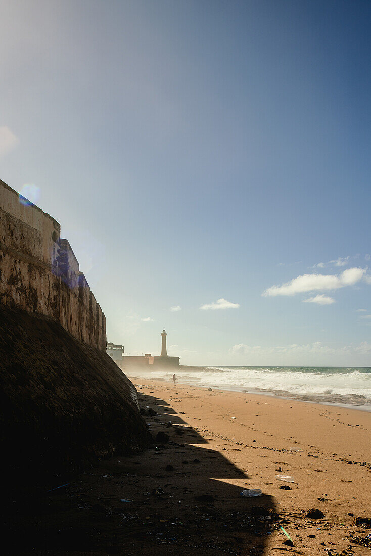  Surfer beach of Rabat at high tide at midday with high waves in Rabat, Morocco. 