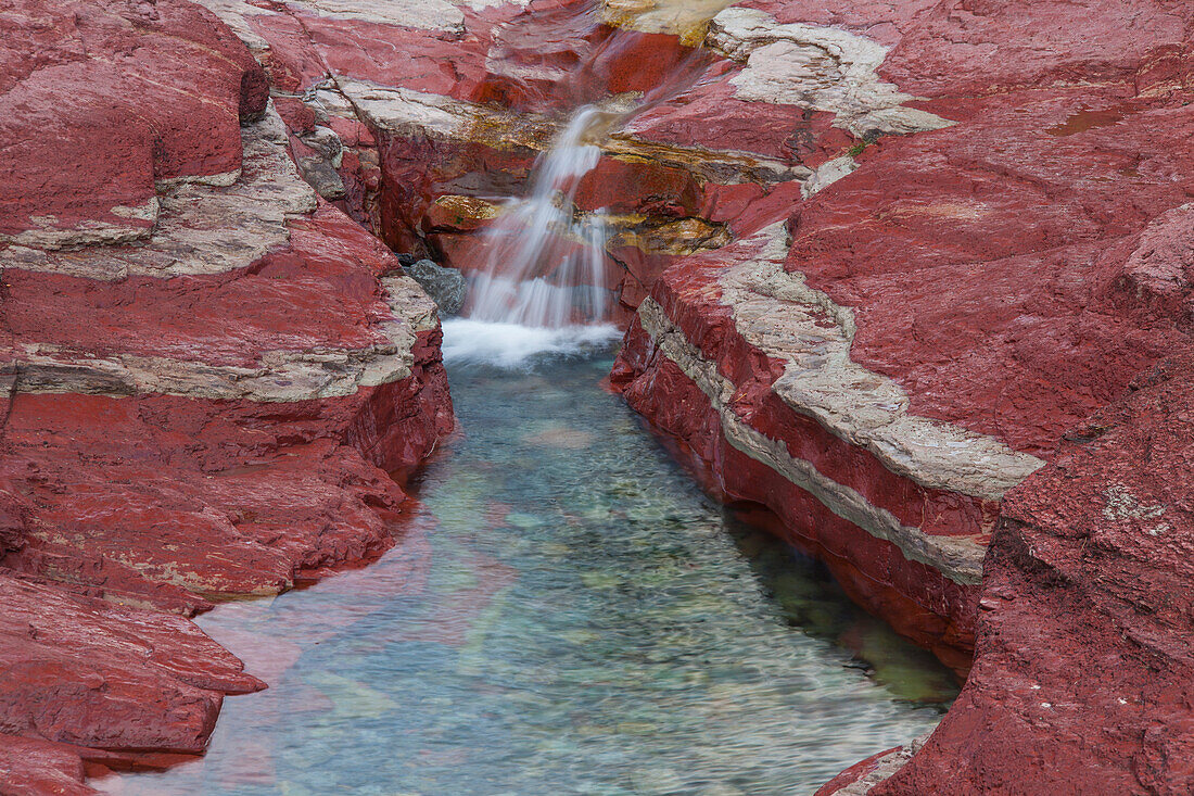 Bach fliesst durch eisenhaltiges Gestein, Red Rock Canyon, Waterton Lakes Nationalpark, Alberta, Kanada