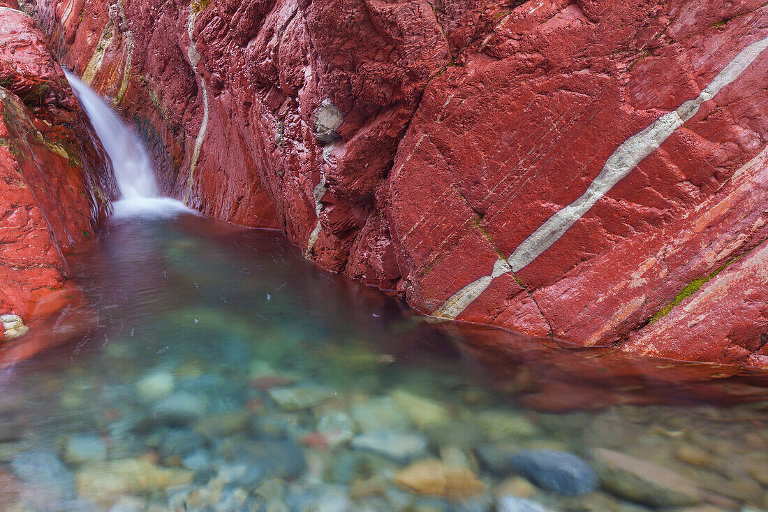  Stream flows through iron-rich rock, Red Rock Canyon, Waterton Lakes National Park, Alberta, Canada 