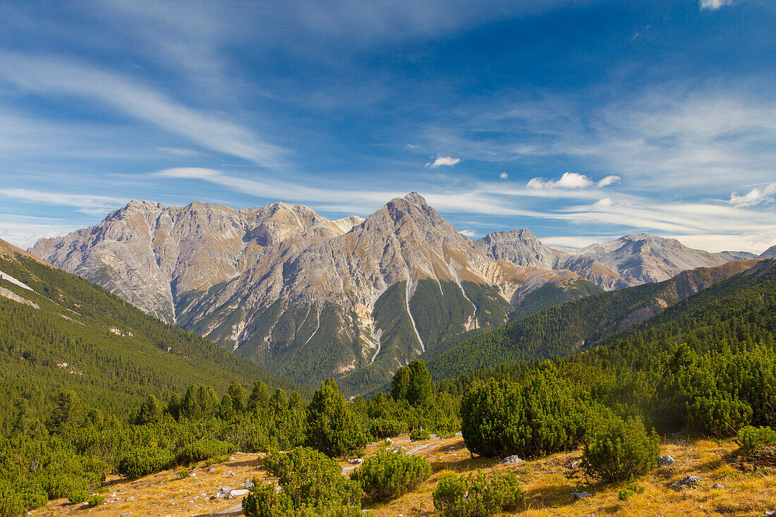  View of Piz Madlain, Val Minger, Swiss National Park, Graubünden, Switzerland 