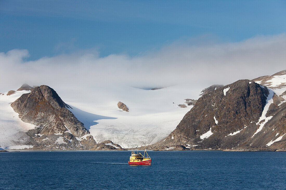  Fishing boat in Hamilton Bay in Raudfjord, Svalbard, Norway, Europe 