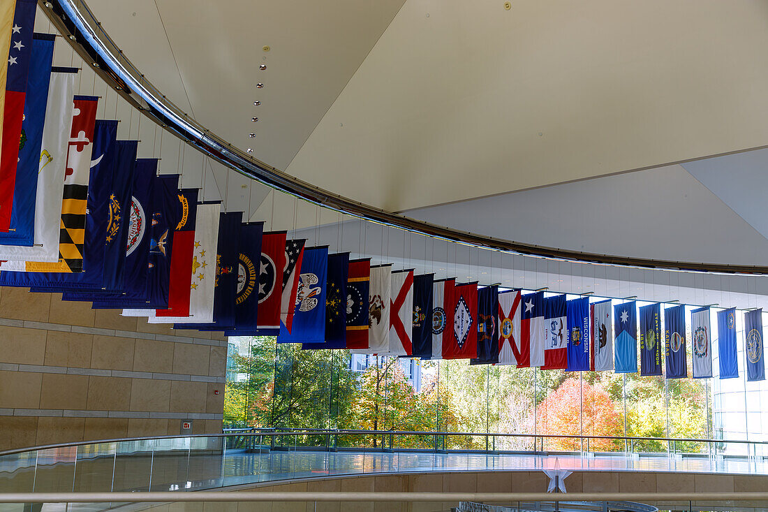  Flags of the American states in the Grand Hall at the National Constitution Center in the Historic Waterfront District in Philadelphia, Pennsylvania, USA 