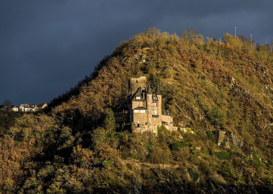 Burg Katz im Abendlicht, St. Goarshausen, Oberes Mittelrheintal, Rheinland-Pfalz, Deutschland