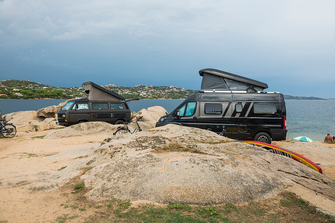  Camper on the beach, campsite, Palau, Costa Smeralda, Sardinia, Italy 