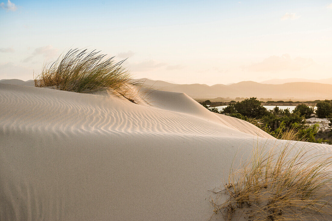 Einsamer weißer Sandstrand mit Dünen, Sonnenaufgang, Porto Pino, Sardinien, Südküste, Italien