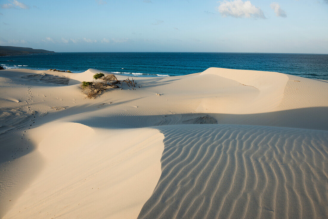  Lonely white sandy beach with dunes, sunrise, Porto Pino, Sardinia, south coast, Italy 