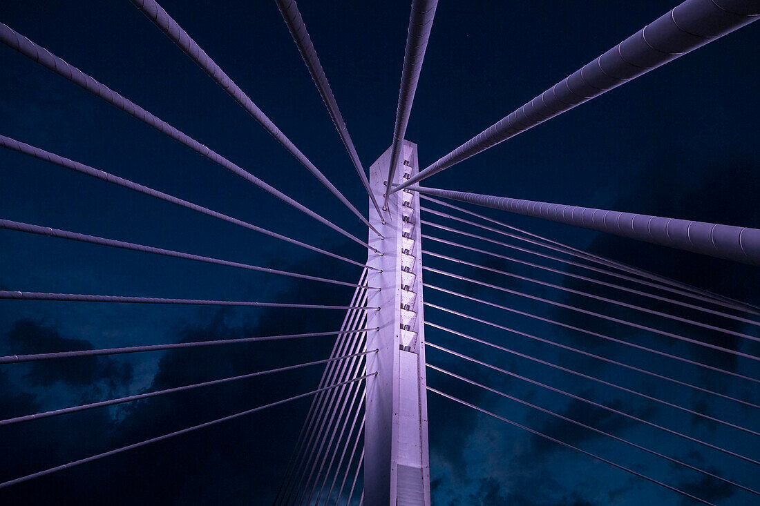  Landmark Millennium Bridge Podgorica at night, capital of Montenegro, cable-stayed bridge over the Moraca River, Montenegro 