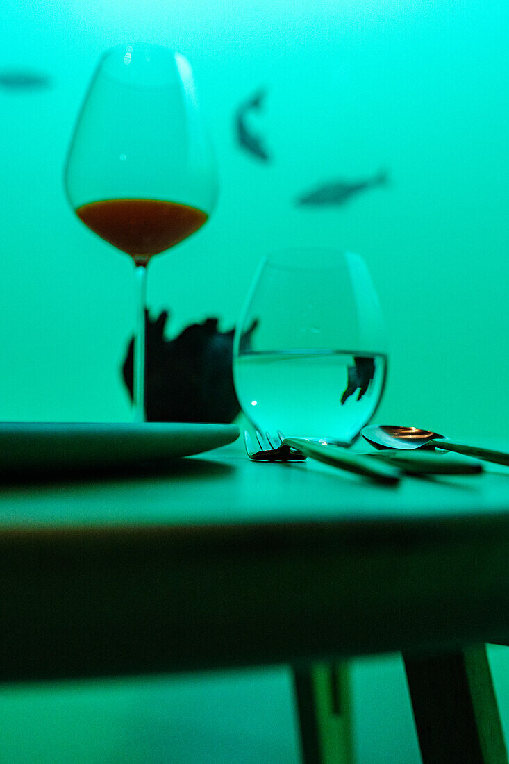  Norway, Lindesnes, underwater restaurant Under, table with place setting 