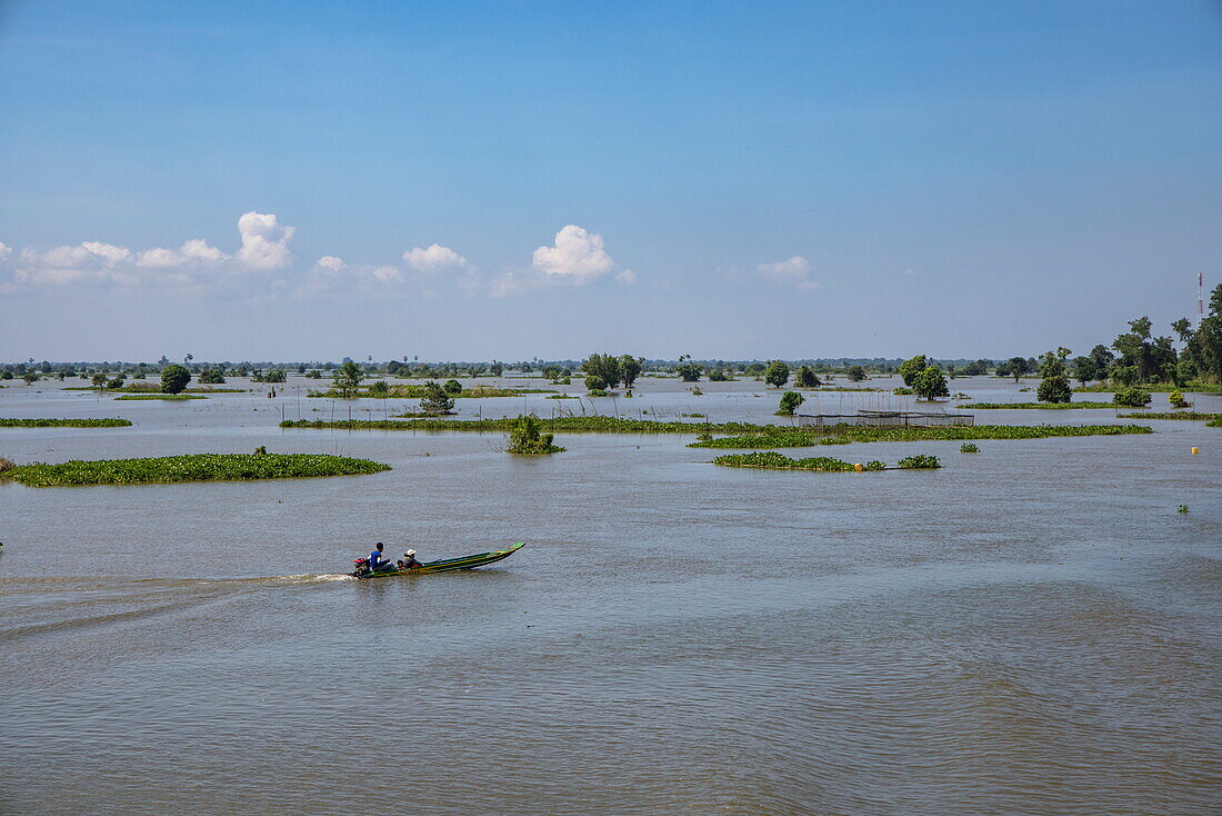  Longtail boat in the flood plains of Tonle Sap Lake, near Pralay Meas, Kampong Leaeng District, Kampong Chhnang, Cambodia, Asia 