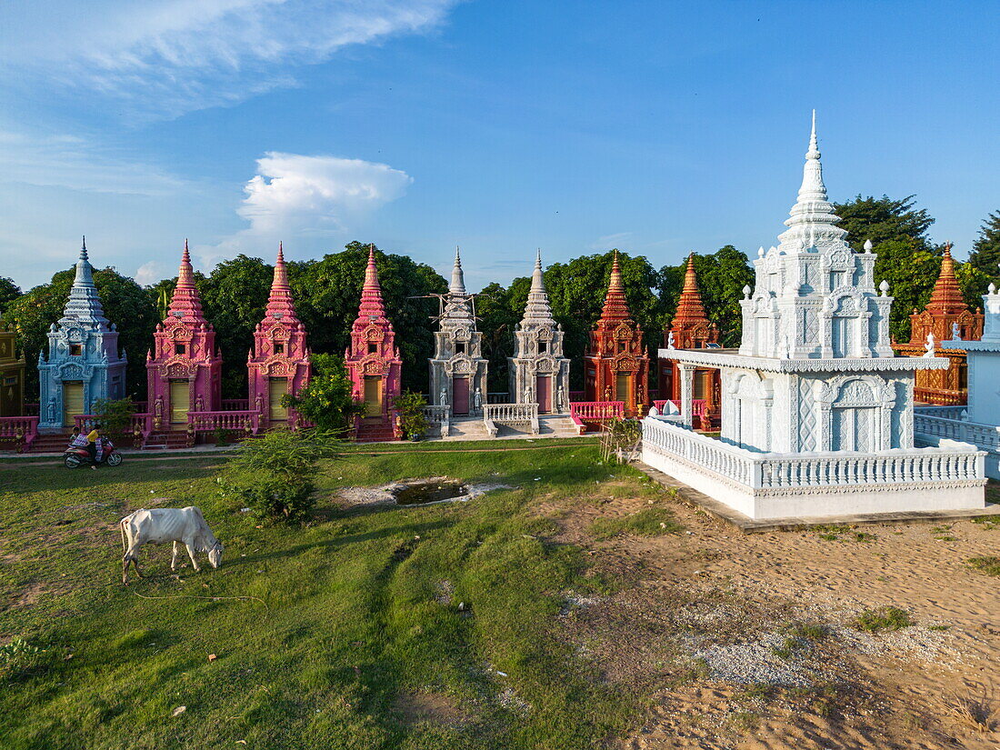  Aerial view of stupas at Kaoh Oknha Tei Temple on “Silk Island” with oxen on meadow, Kaoh Oknha Tei, Khsach Kandal District, Kandal, Cambodia, Asia 