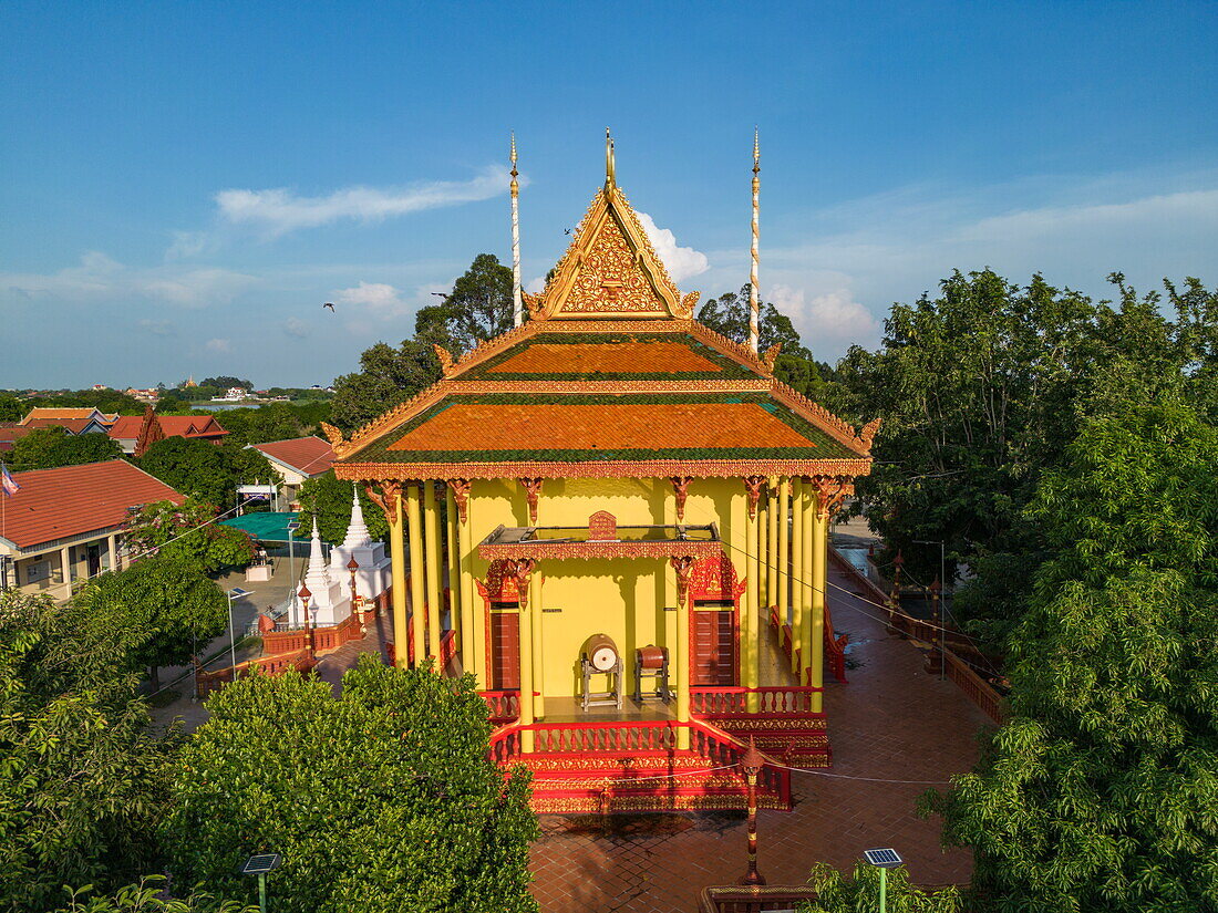  Aerial view of Kaoh Oknha Tei Temple on Silk Island, Kaoh Oknha Tei, Khsach Kandal District, Kandal, Cambodia, Asia 