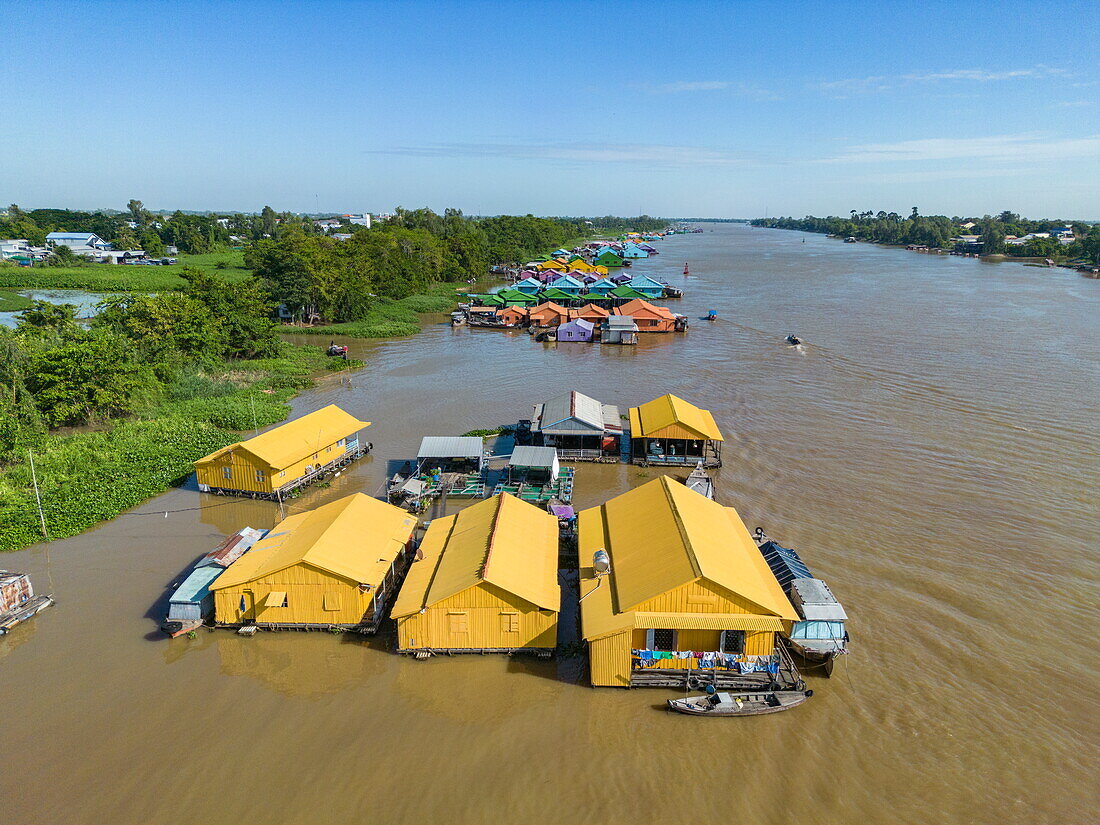  Aerial view of colorfully painted fish farms at Hau River (Bassac River), Chau Phong, Tan Chau, An Giang, Vietnam, Asia 